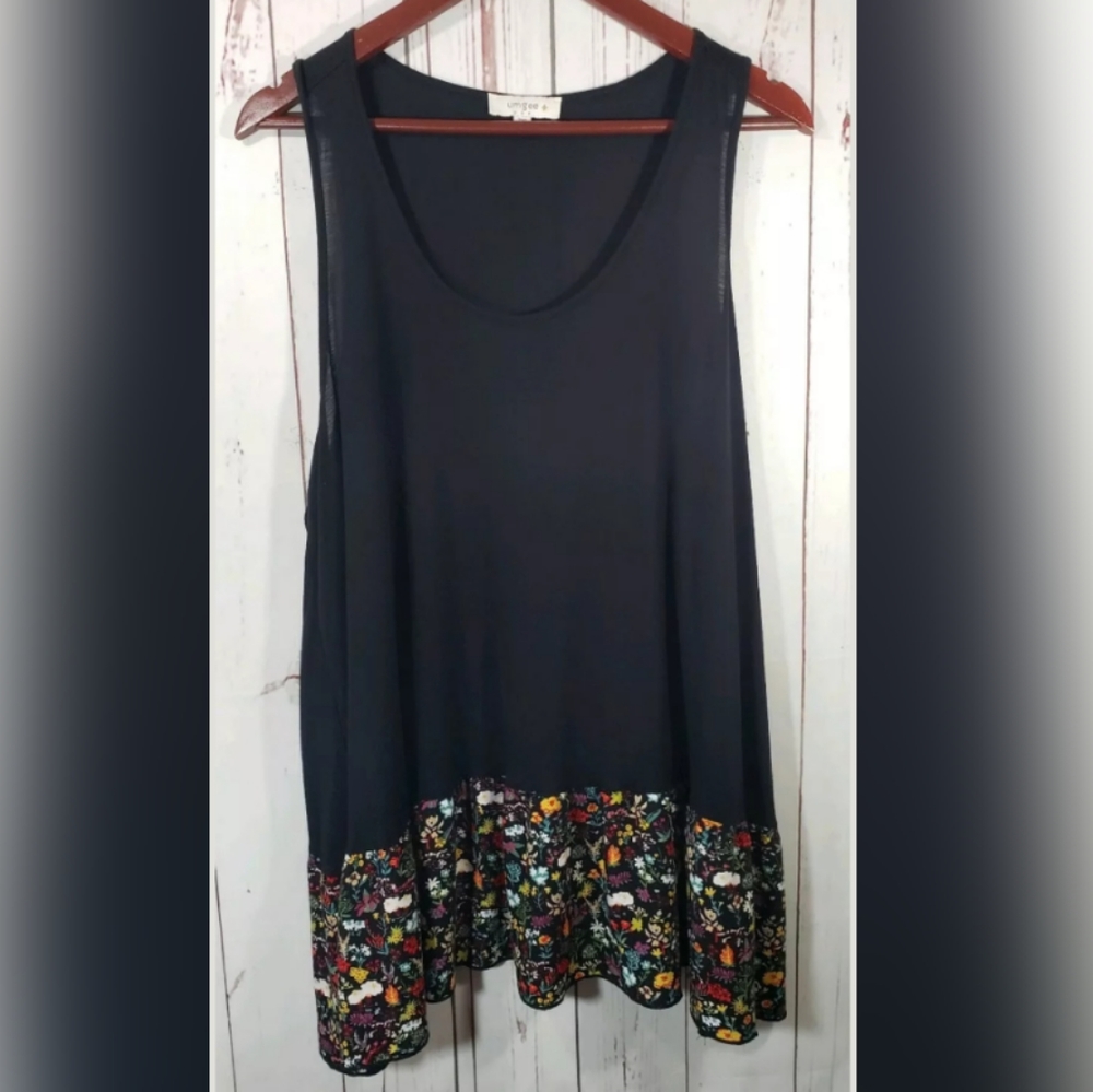 Umgee Black Tank with floral print trim 2XL